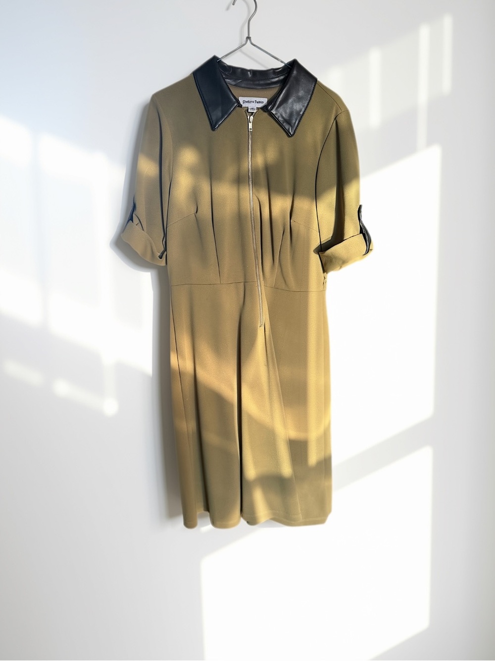 Shelby & Palmer Olive Dress with Black Faux-Leather Collar